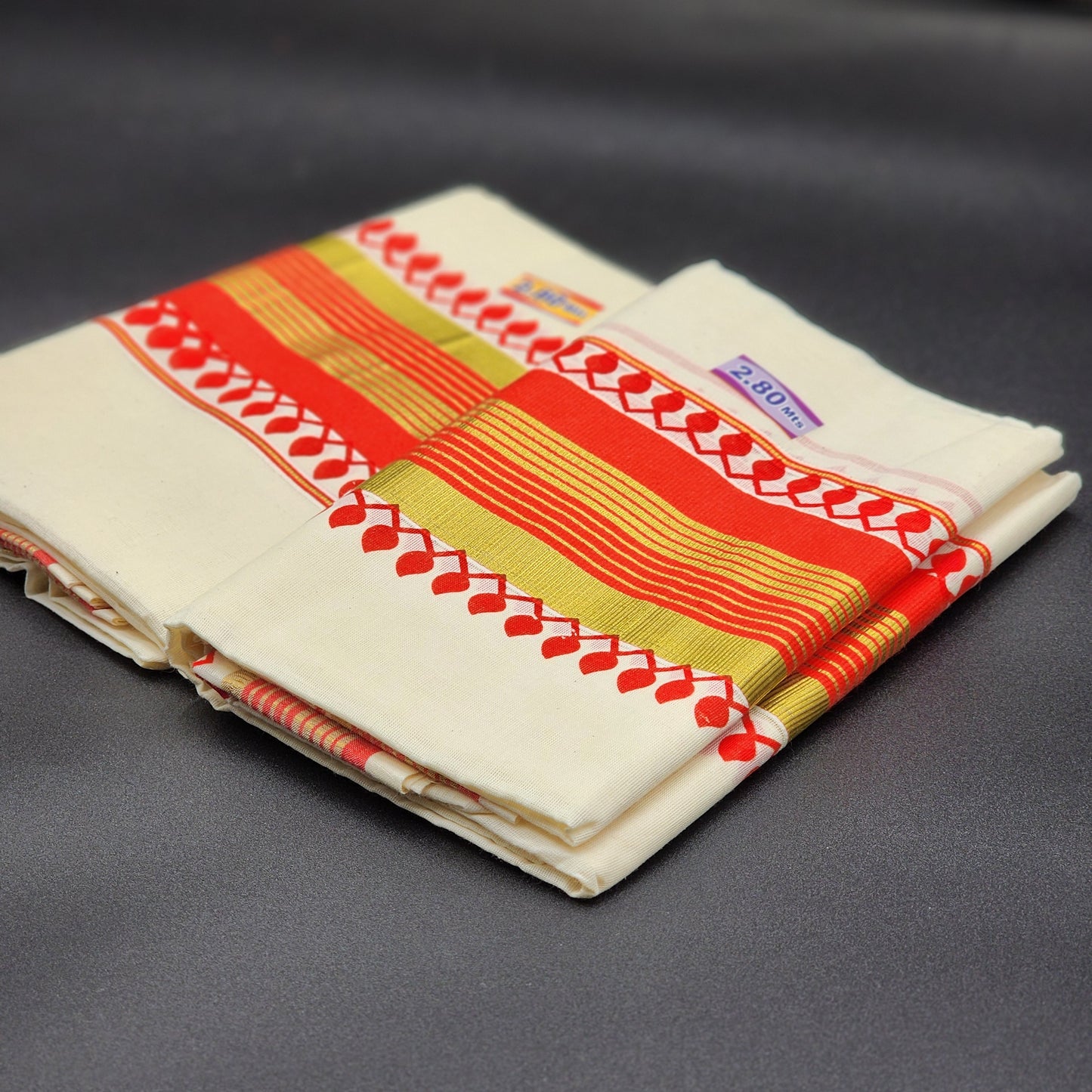 Set Mundu Red print design and Gold border