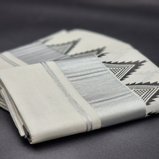 Set Mundu light Silver body dark silver border with black temple design