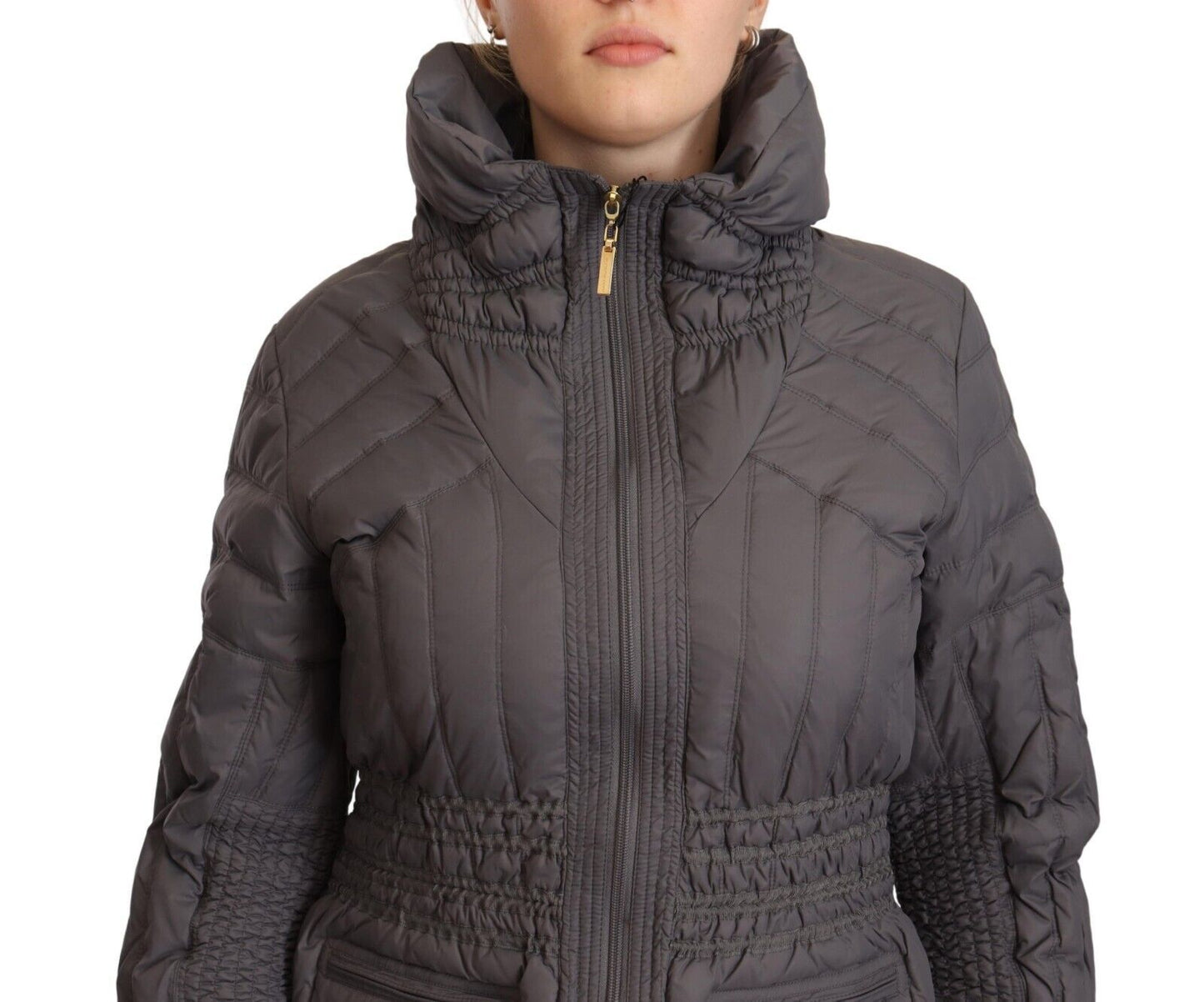 Roccobarocco Gray Quilted Long Sleeves Logo Patch Full Zip Jacket Roccobarocco