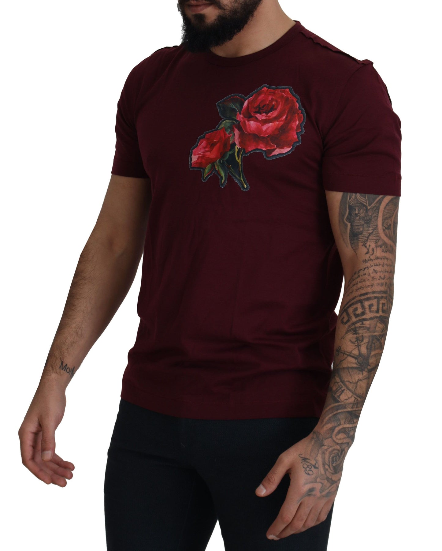 Dolce & Gabbana Bordeaux Roses Cotton Crewneck T-shirt Dolce & Gabbana