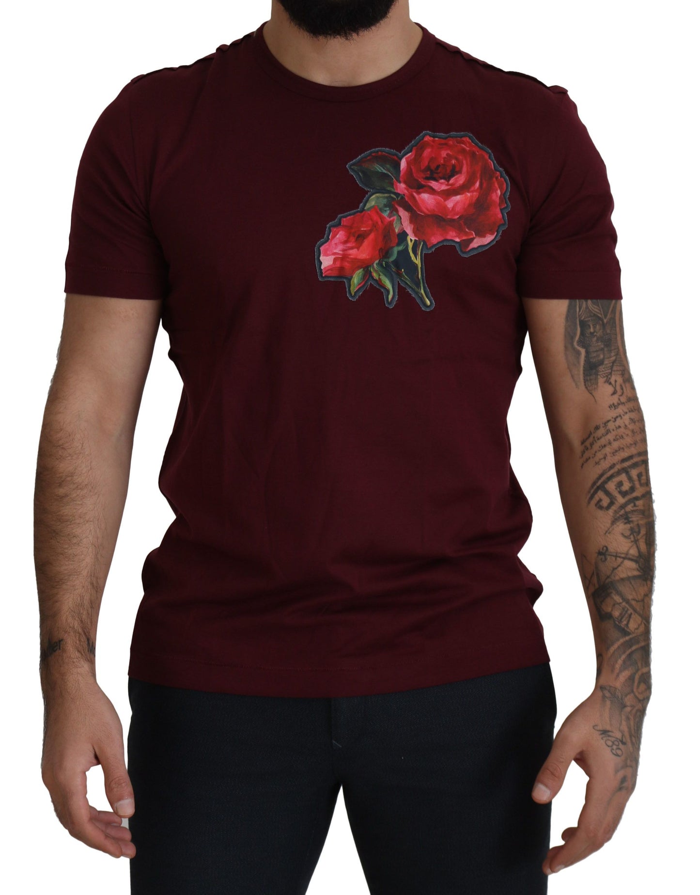 Dolce & Gabbana Bordeaux Roses Cotton Crewneck T-shirt Dolce & Gabbana