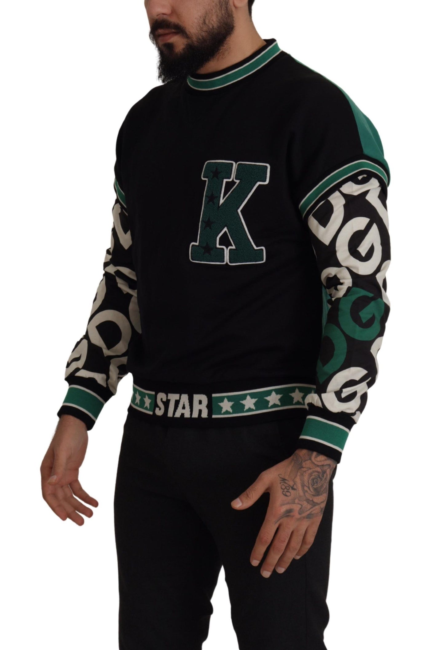 Dolce & Gabbana Black Green Cotton KING Star Crewneck Pullover Sweater Dolce & Gabbana