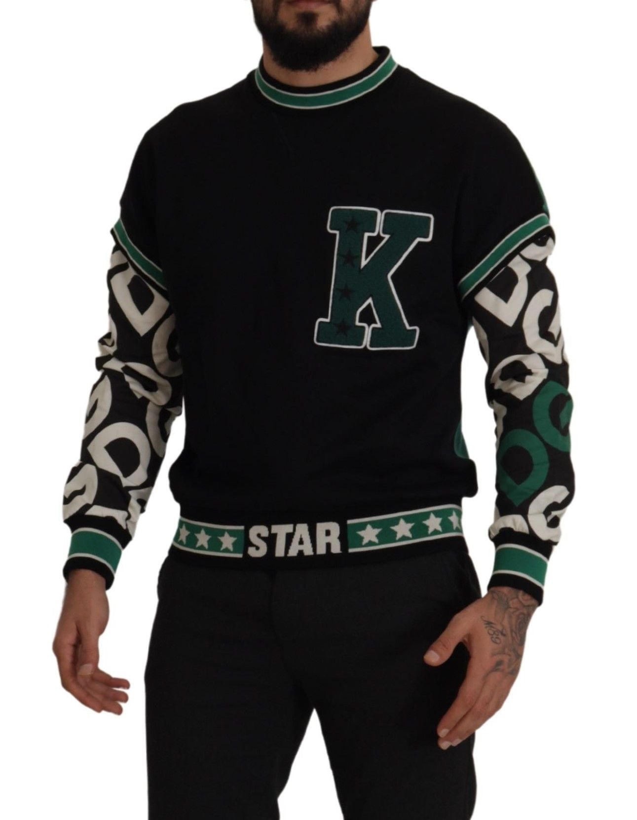 Dolce & Gabbana Black Green Cotton KING Star Crewneck Pullover Sweater Dolce & Gabbana
