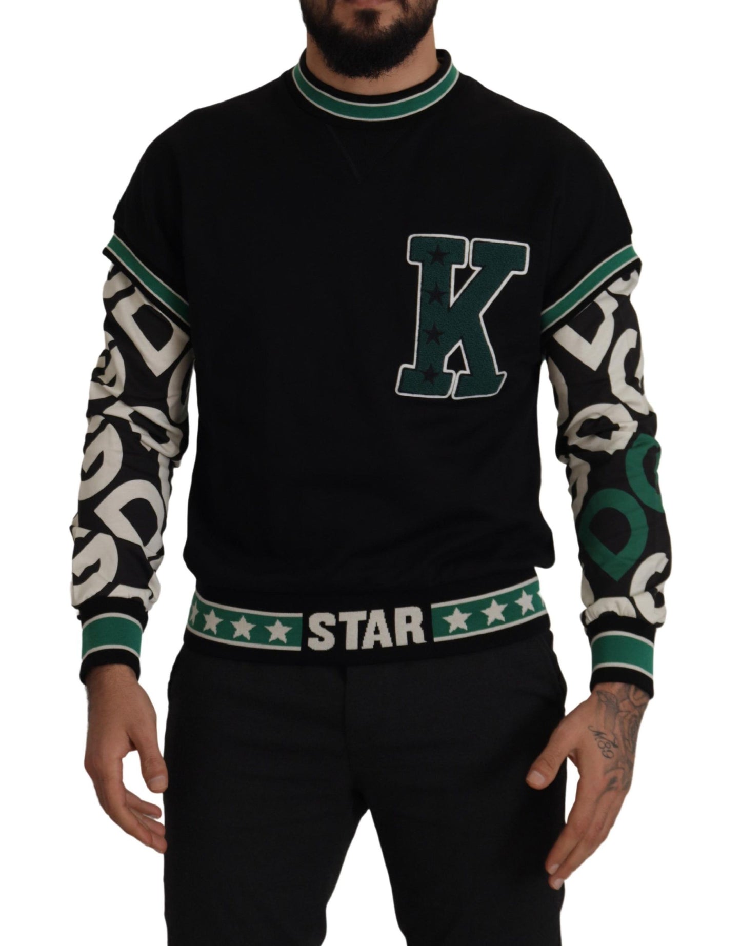 Dolce & Gabbana Black Green Cotton KING Star Crewneck Pullover Sweater Dolce & Gabbana