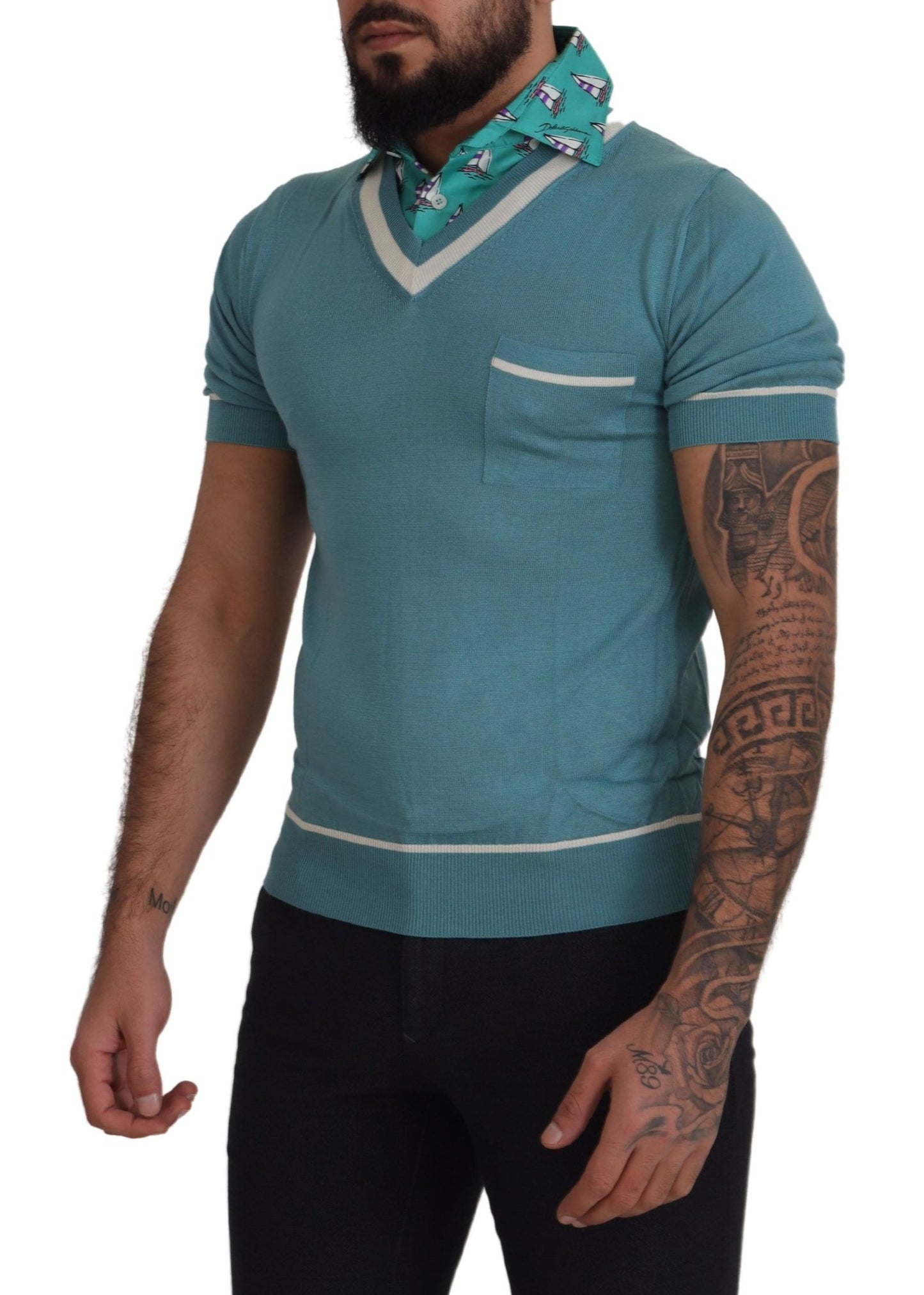 Dolce & Gabbana Blue Silk Polo Top Mens V-neck T-shirt Dolce & Gabbana