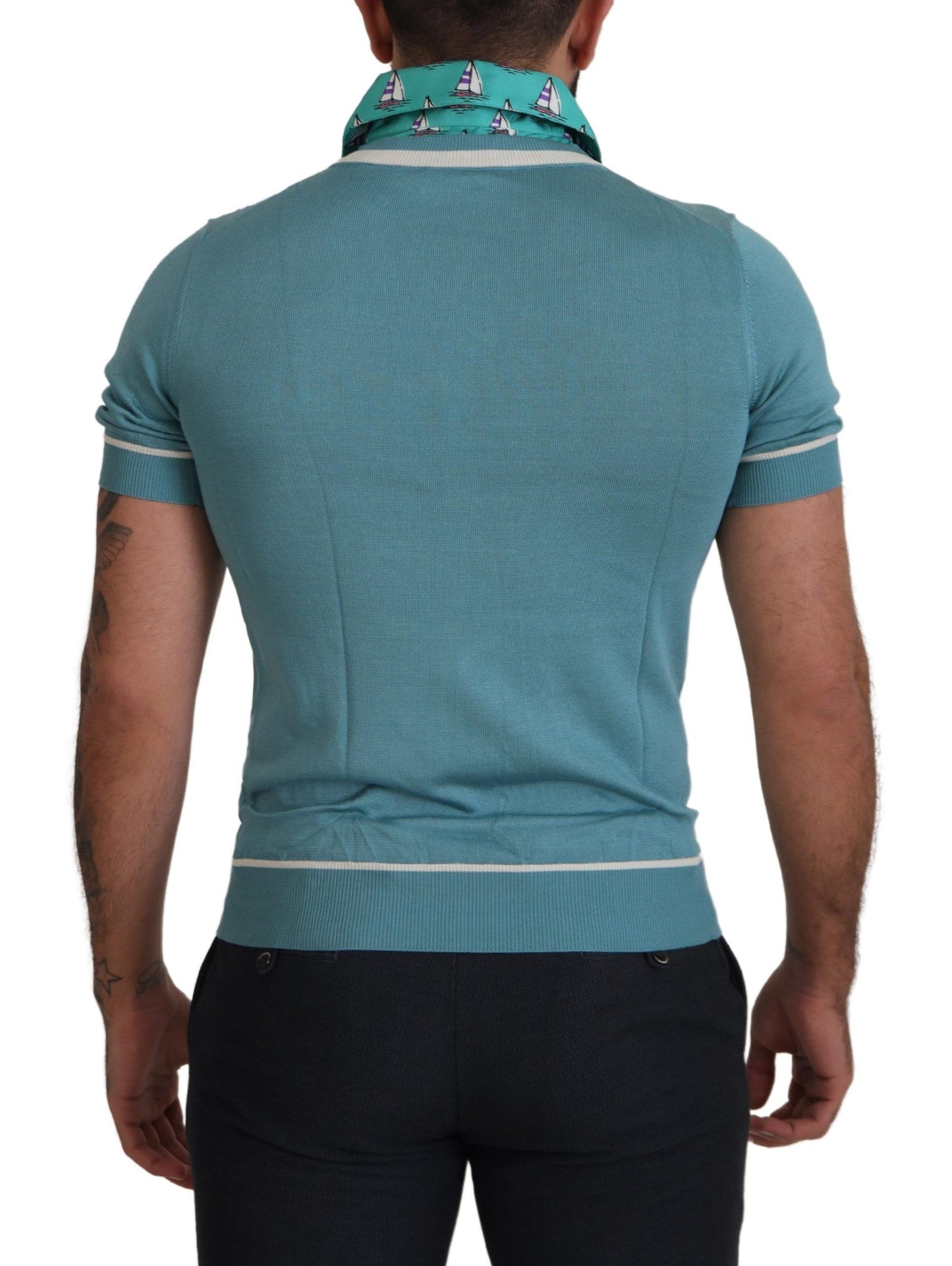 Dolce & Gabbana Blue Silk Polo Top Mens V-neck T-shirt Dolce & Gabbana