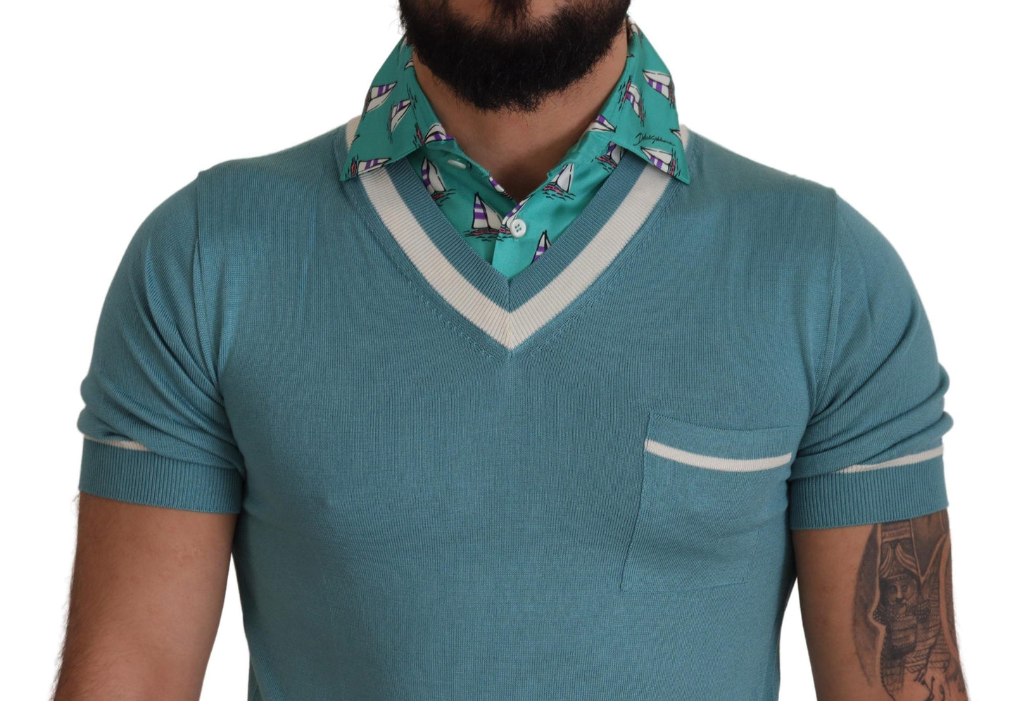 Dolce & Gabbana Blue Silk Polo Top Mens V-neck T-shirt Dolce & Gabbana