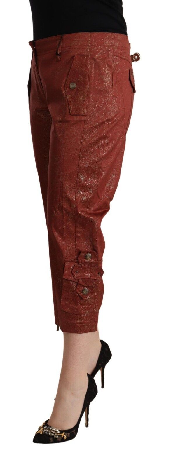 Just Cavalli Brown Lurex Mid Waist Cotton Cropped Capri Pants Just Cavalli