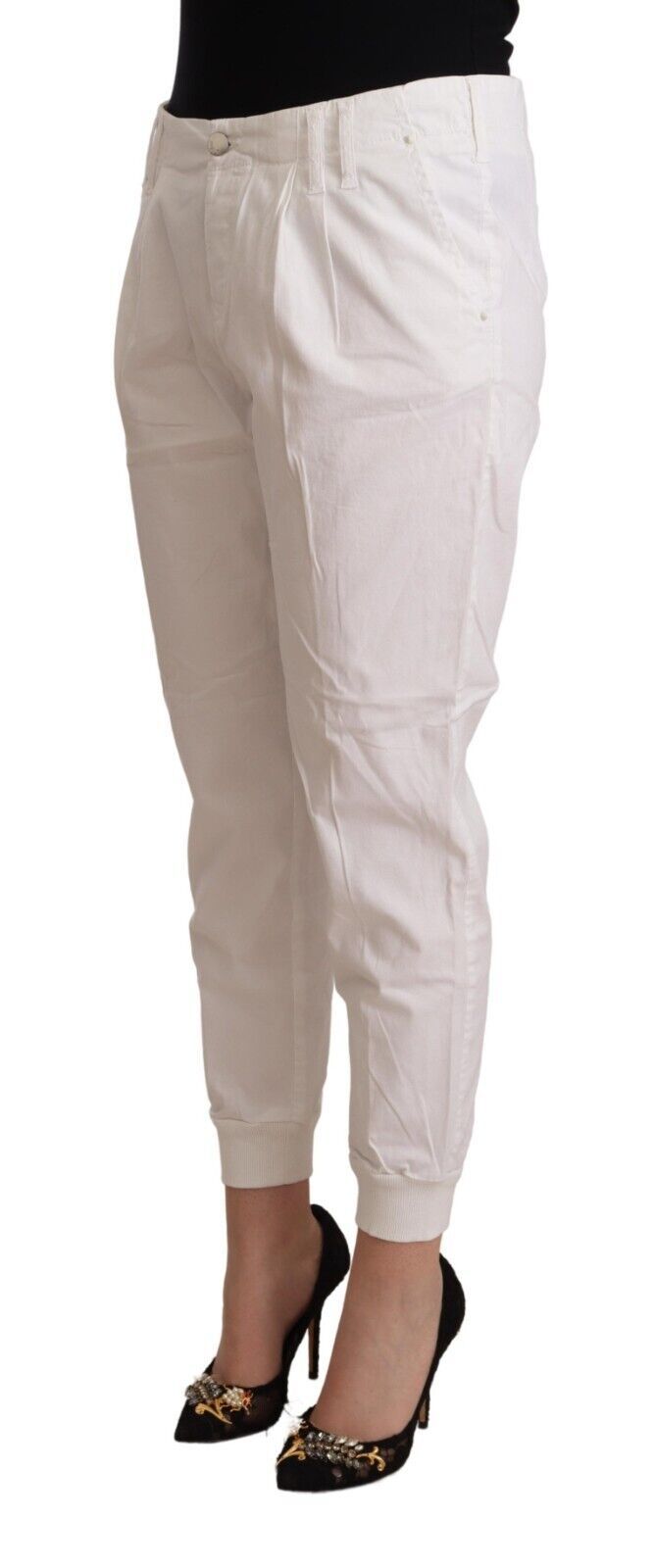 Met White Cotton Mid Waist Tapered Cropped Pants Met