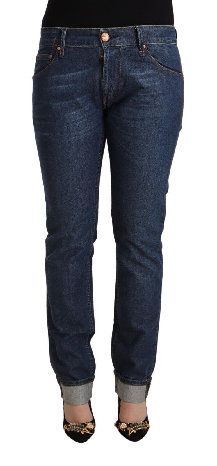 Acht Dark Blue Cotton Slim Fit Folded Hem Denim Jeans Acht