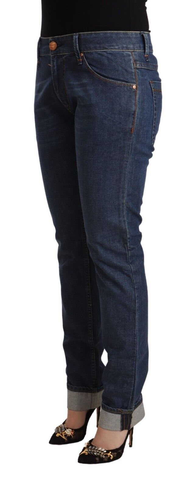 Acht Dark Blue Cotton Slim Fit Folded Hem Denim Jeans Acht