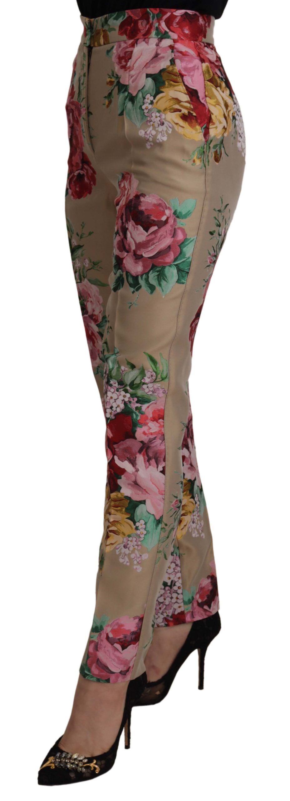 Dolce & Gabbana Beige Floral Dress Formal High Waist Pants Dolce & Gabbana