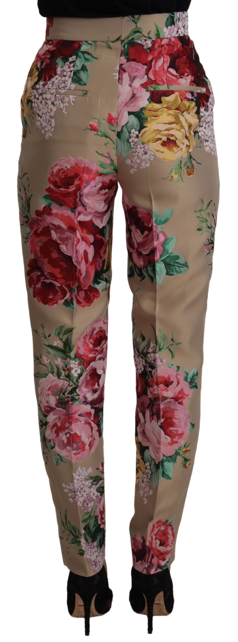 Dolce & Gabbana Beige Floral Dress Formal High Waist Pants Dolce & Gabbana