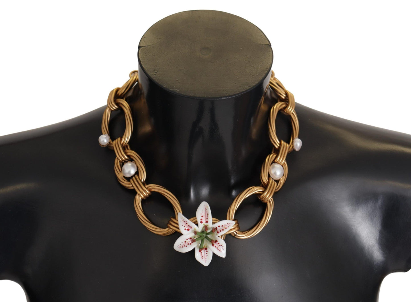 Dolce & Gabbana Gold White Lily Floral Chain Statement Necklace Dolce & Gabbana