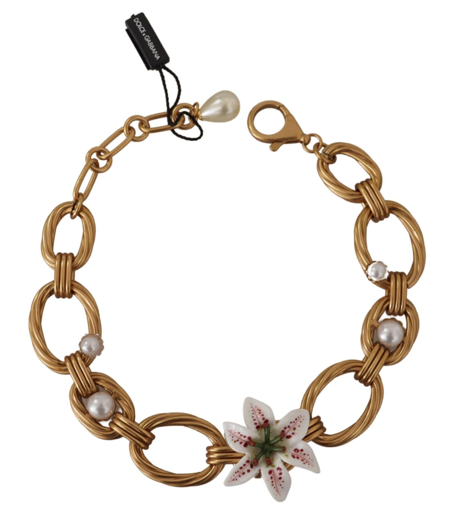 Dolce & Gabbana Gold White Lily Floral Chain Statement Necklace Dolce & Gabbana