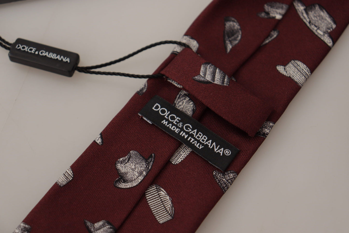 Dolce & Gabbana Maroon Hat Pattern 100% Silk Adjustable Accessory Tie Dolce & Gabbana