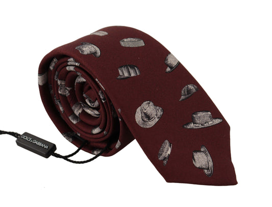 Dolce & Gabbana Maroon Hat Pattern 100% Silk Adjustable Accessory Tie Dolce & Gabbana