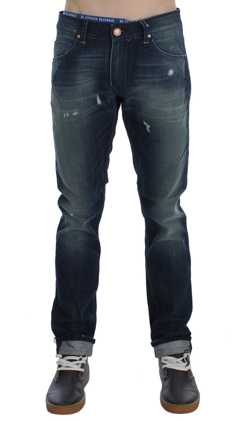 Acht Blue Wash Cotton Denim Slim Fit Jeans Acht