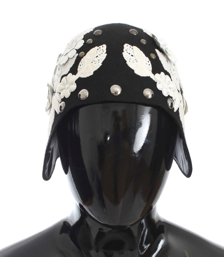 Dolce & Gabbana Black Wool White Floral Gold Leaf Hat Dolce & Gabbana