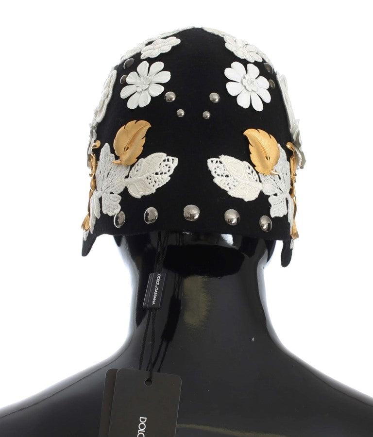 Dolce & Gabbana Black Wool White Floral Gold Leaf Hat Dolce & Gabbana
