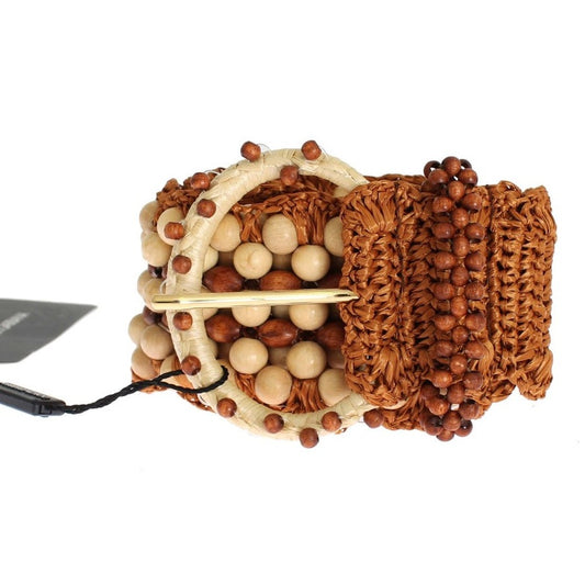 Dolce & Gabbana Brown Raffia Wood Beaded Wide Waist Belt Dolce & Gabbana