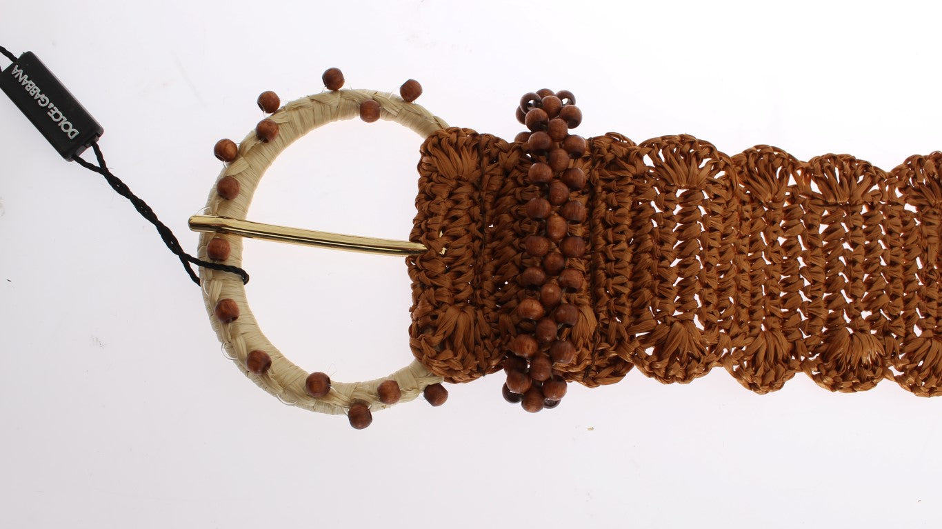 Dolce & Gabbana Brown Raffia Wood Beaded Wide Waist Belt Dolce & Gabbana