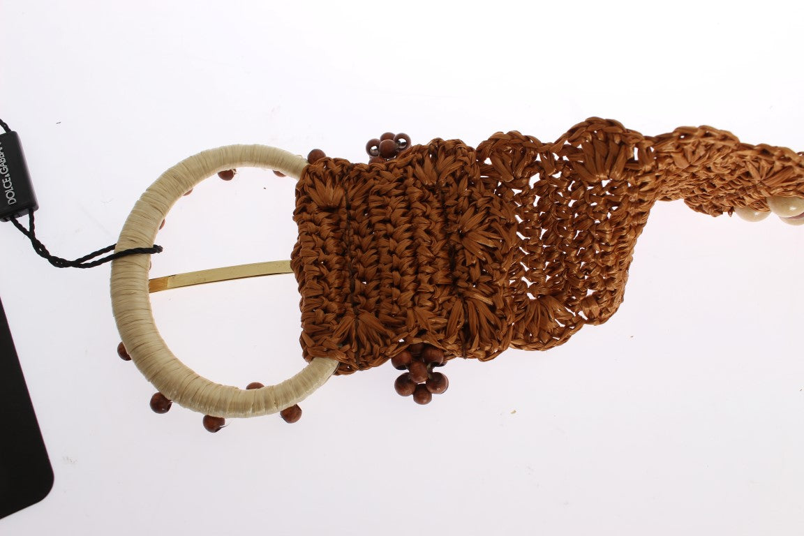 Dolce & Gabbana Brown Raffia Wood Beaded Wide Waist Belt Dolce & Gabbana
