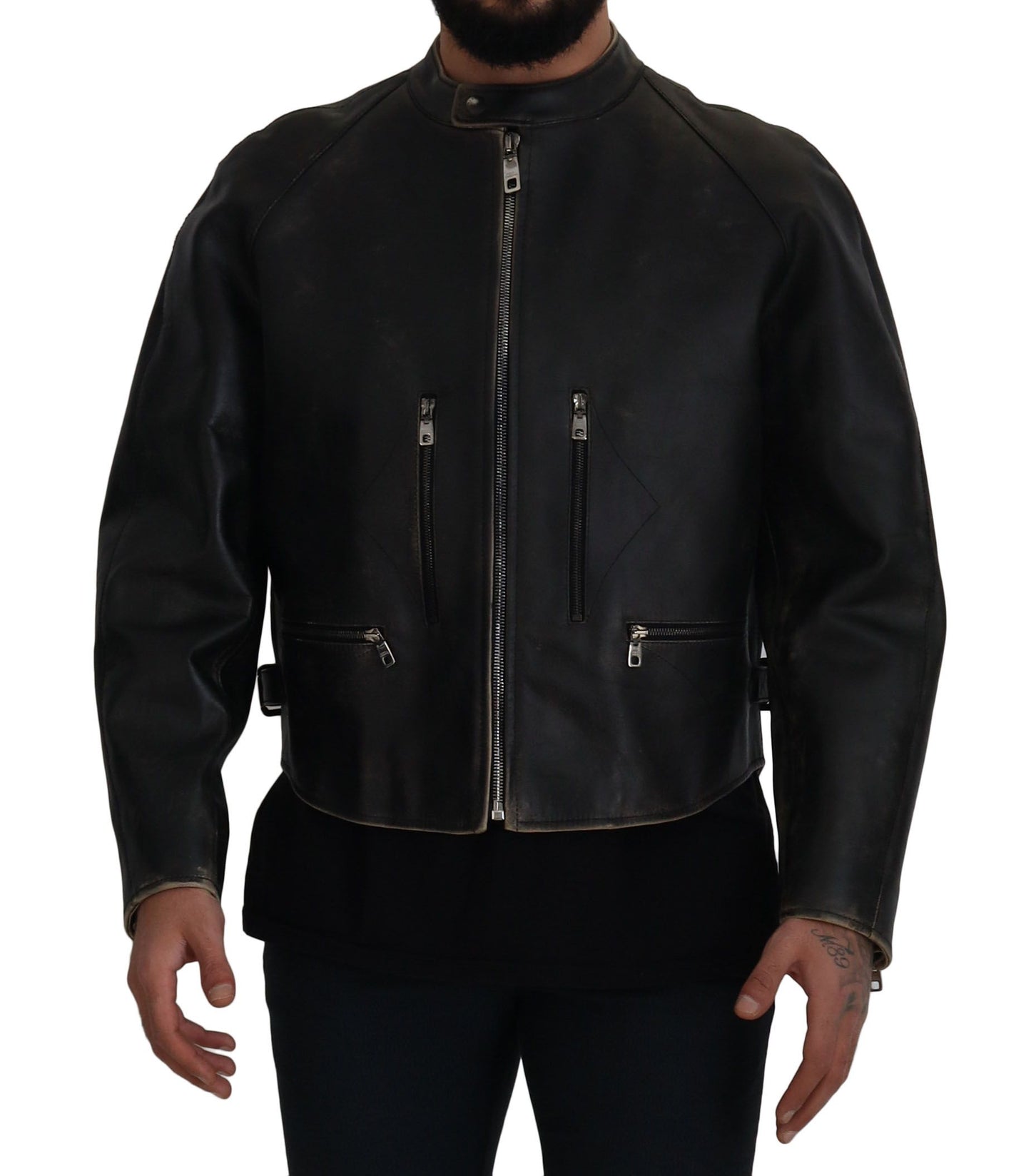 Dolce & Gabbana Black Leather Zipper Biker Coat Jacket Dolce & Gabbana