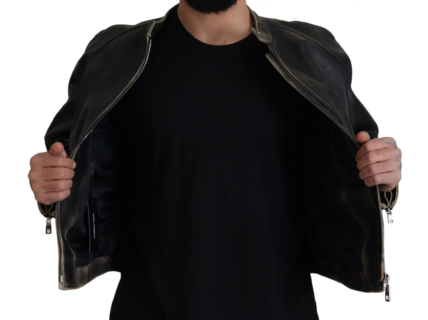 Dolce & Gabbana Black Leather Zipper Biker Coat Jacket Dolce & Gabbana