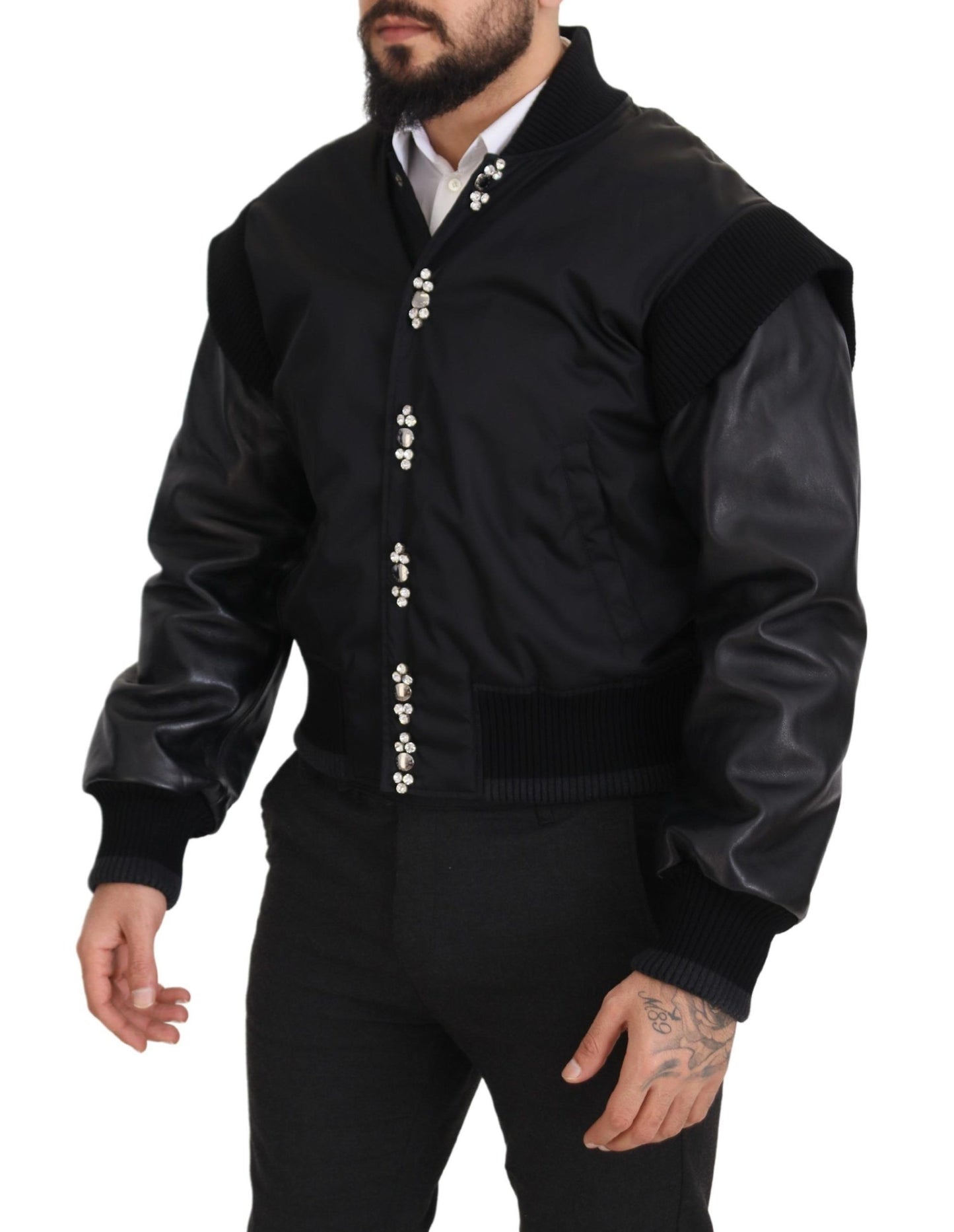 Dolce & Gabbana Black Nylon Crystals Coat Buttons Jacket Dolce & Gabbana