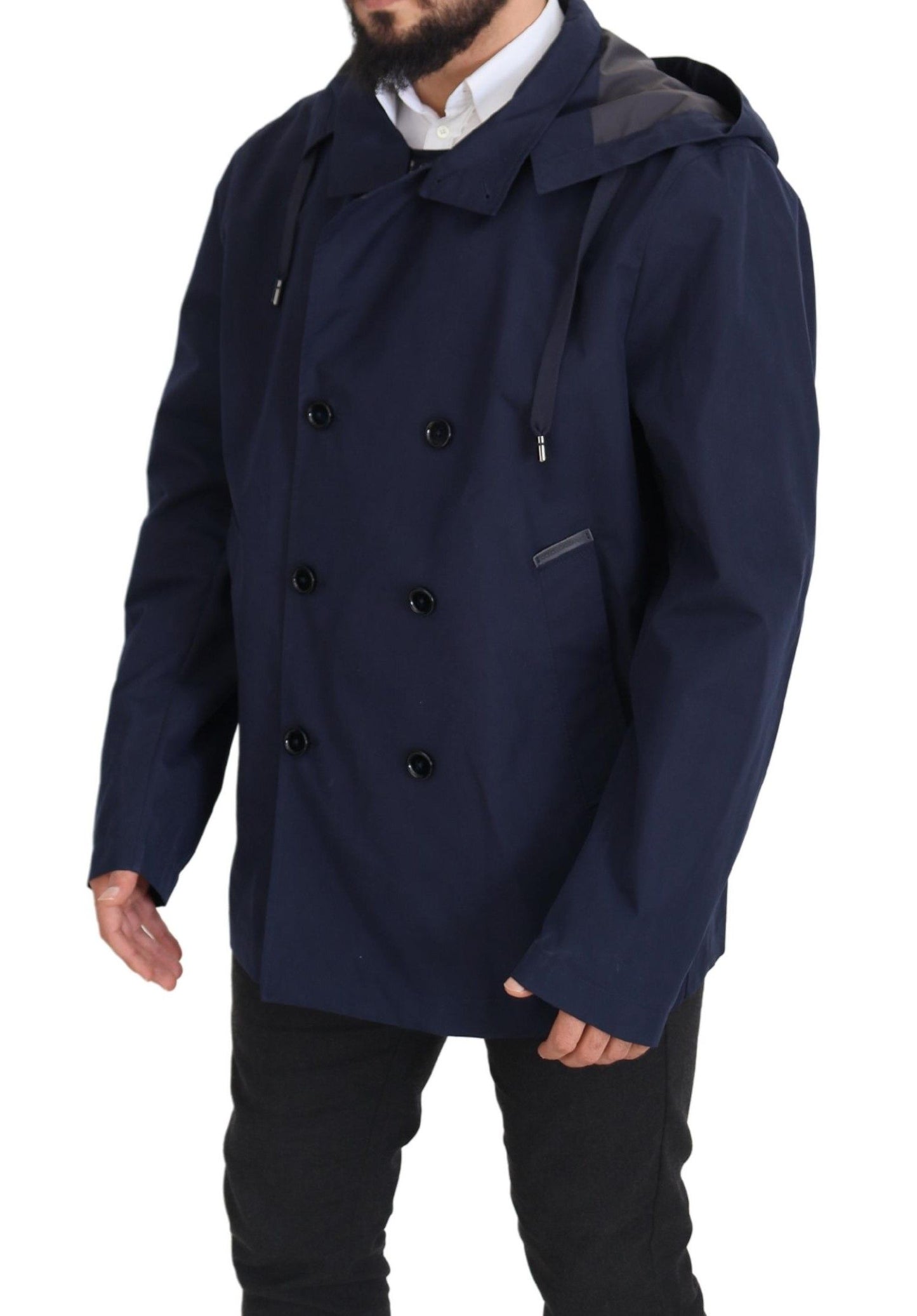 Dolce & Gabbana Blue Hooded Double Breasted Coat Jacket Dolce & Gabbana