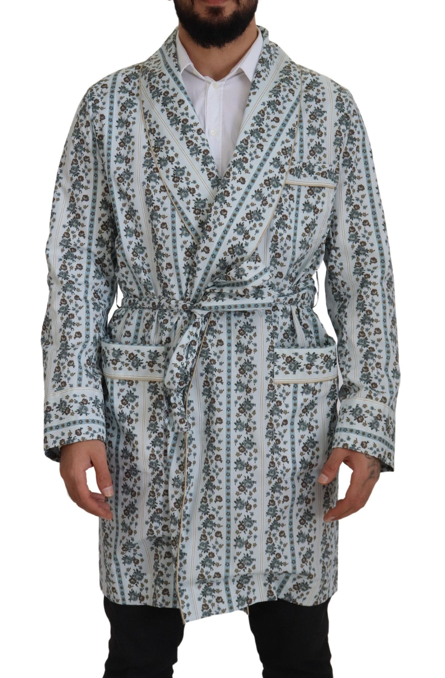 Dolce & Gabbana Blue Floral Cotton Robe Coat Jacket Dolce & Gabbana