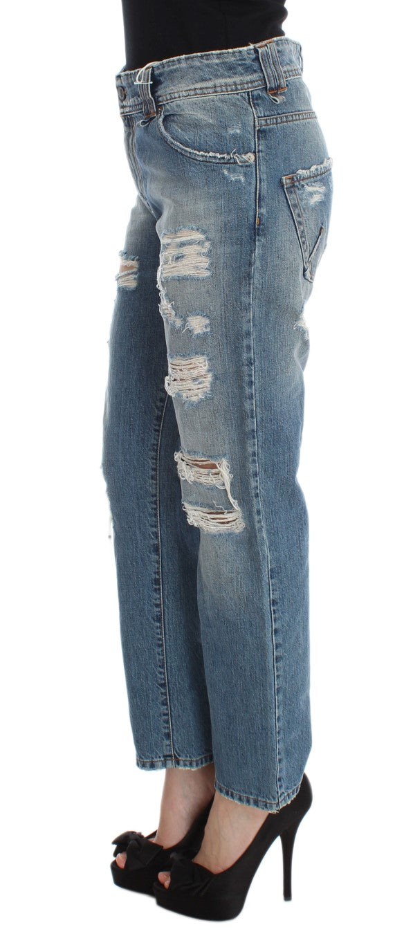 John Galliano Blue Wash Cotton Boyfriend Fit Cropped Jeans John Galliano