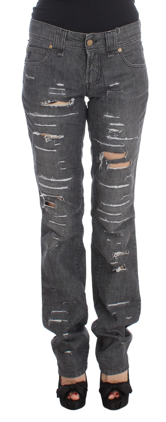 John Galliano Gray Wash Cotton Torn Straight Fit Jeans John Galliano