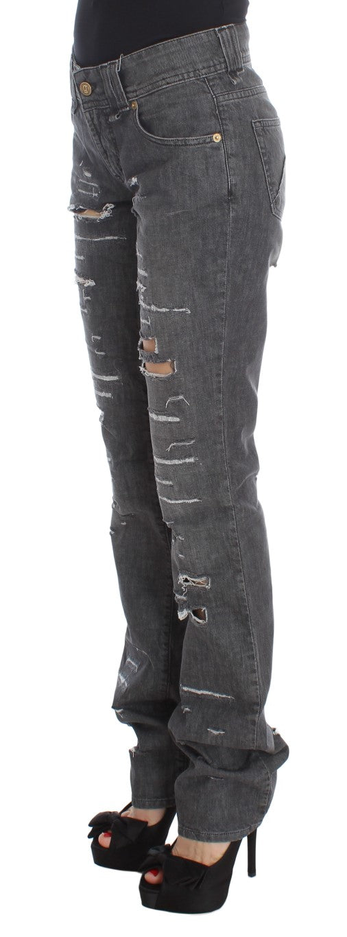 John Galliano Gray Wash Cotton Torn Straight Fit Jeans John Galliano