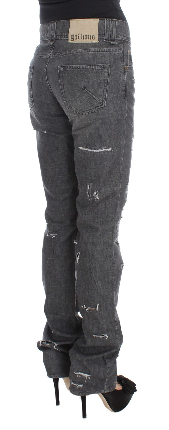 John Galliano Gray Wash Cotton Torn Straight Fit Jeans John Galliano
