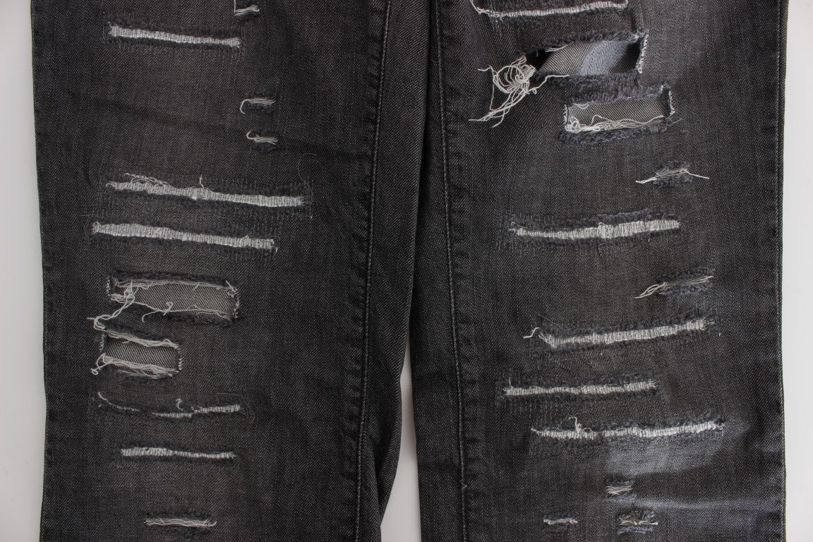 John Galliano Gray Wash Cotton Torn Straight Fit Jeans John Galliano
