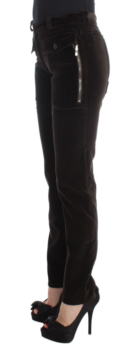 Ermanno Scervino Brown Cotton Velvet Zippers Slim Fit Pants Ermanno Scervino