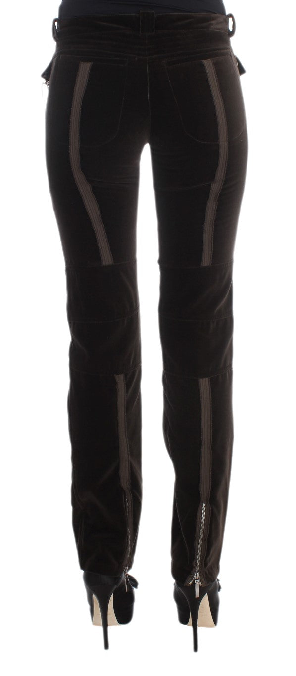 Ermanno Scervino Brown Cotton Velvet Zippers Slim Fit Pants Ermanno Scervino