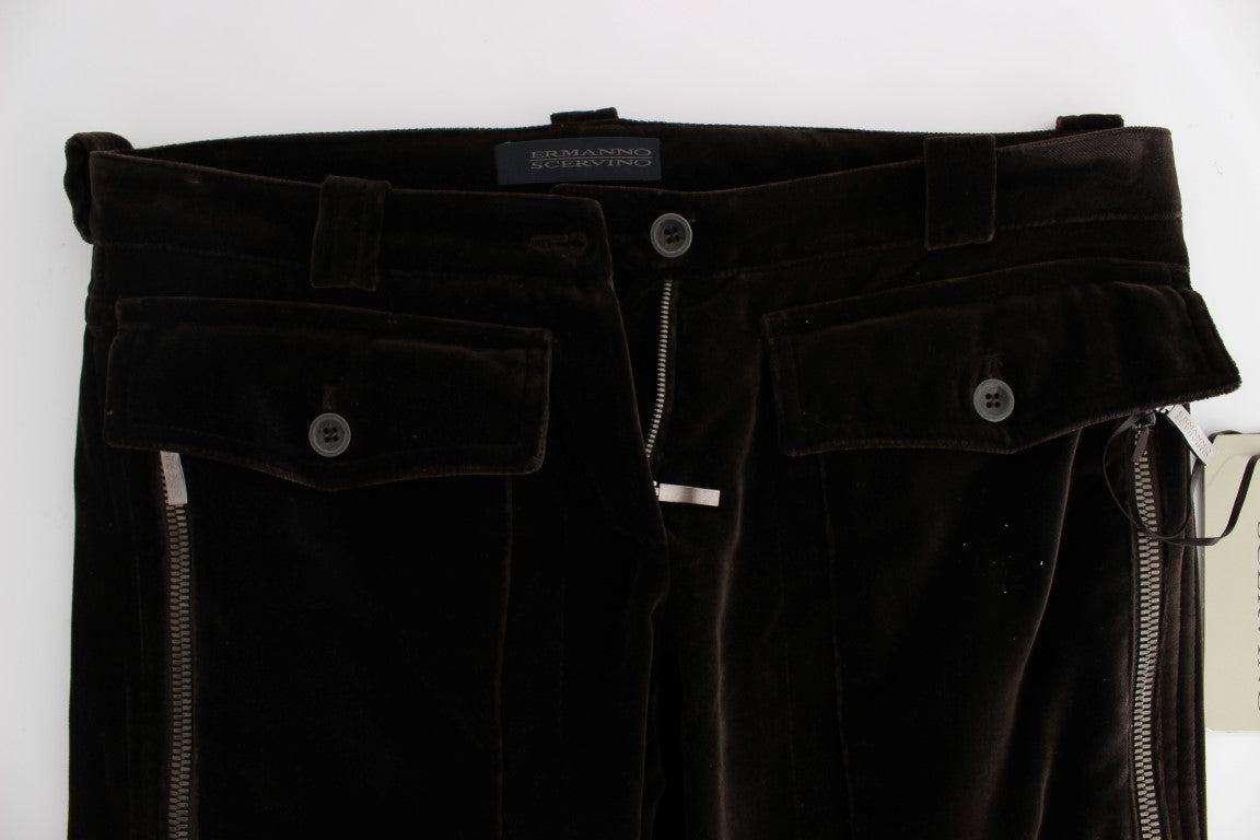Ermanno Scervino Brown Cotton Velvet Zippers Slim Fit Pants Ermanno Scervino