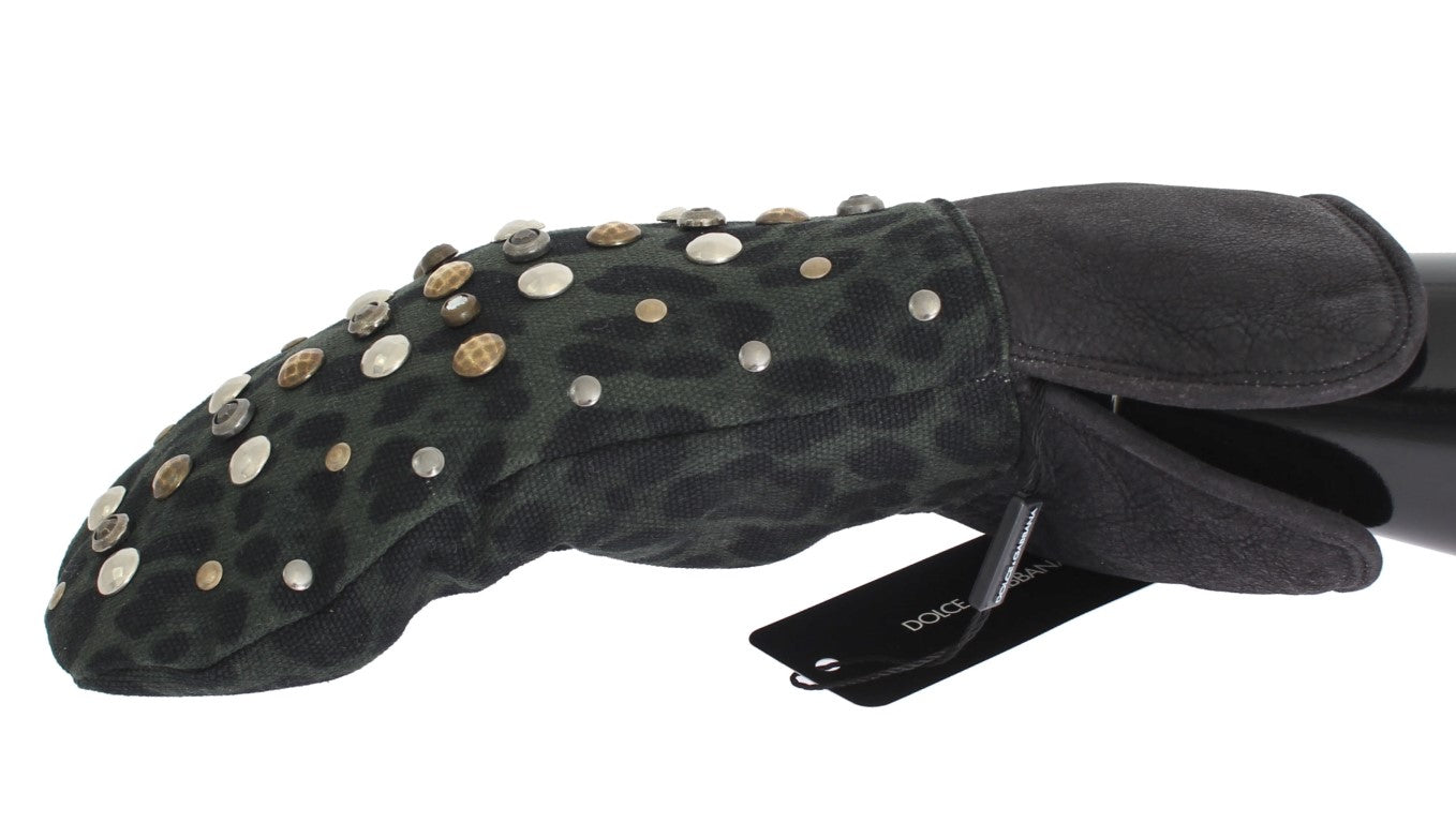 Dolce & Gabbana Gray Wool Shearling Studded Green Leopard Gloves Dolce & Gabbana