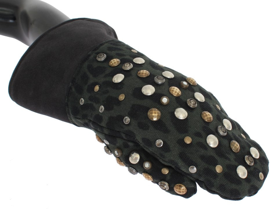 Dolce & Gabbana Gray Wool Shearling Studded Green Leopard Gloves Dolce & Gabbana