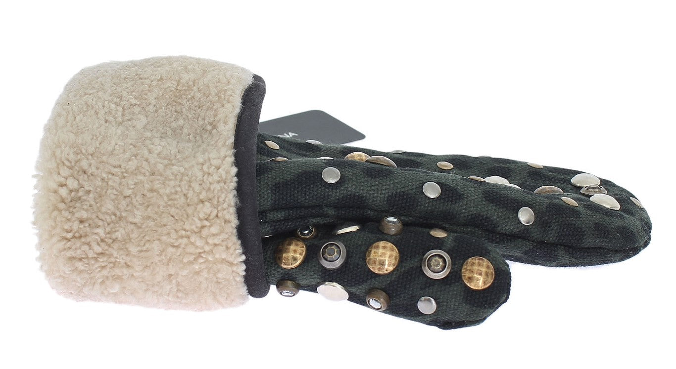 Dolce & Gabbana Gray Wool Shearling Studded Green Leopard Gloves Dolce & Gabbana