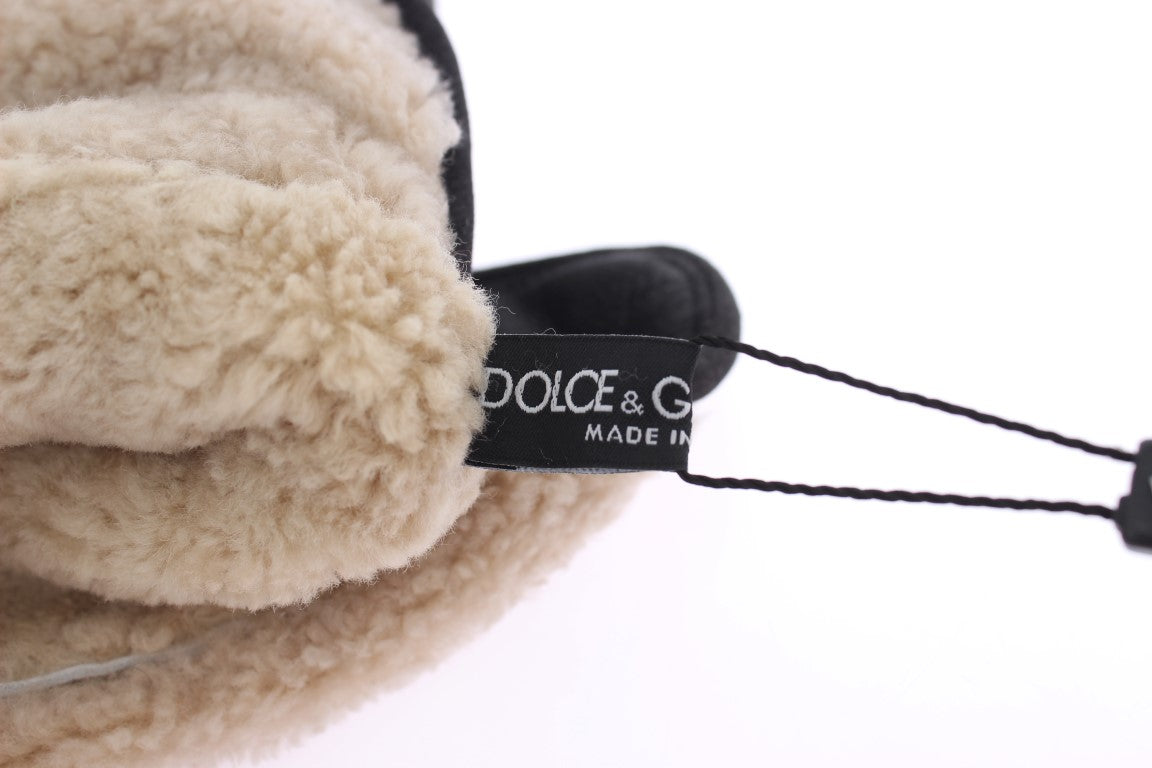 Dolce & Gabbana Gray Wool Shearling Studded Green Leopard Gloves Dolce & Gabbana