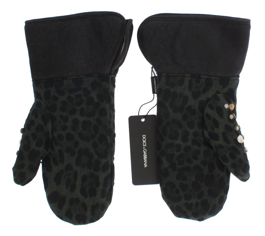 Dolce & Gabbana Gray Wool Shearling Studded Green Leopard Gloves Dolce & Gabbana