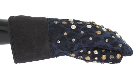 Dolce & Gabbana Gray Wool Shearling Studded Blue Leopard Gloves Dolce & Gabbana