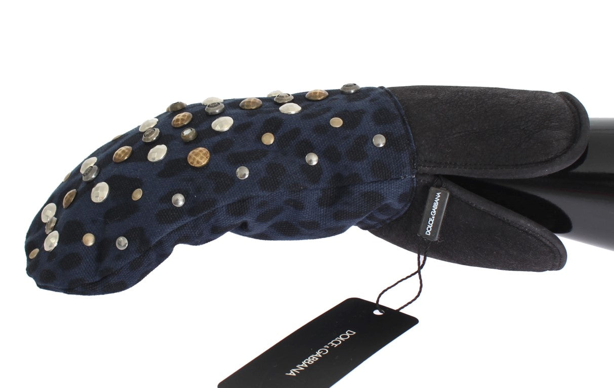 Dolce & Gabbana Gray Wool Shearling Studded Blue Leopard Gloves Dolce & Gabbana