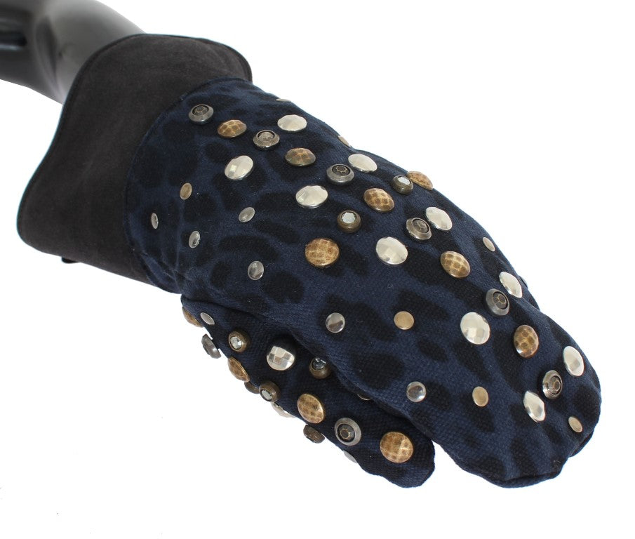 Dolce & Gabbana Gray Wool Shearling Studded Blue Leopard Gloves Dolce & Gabbana