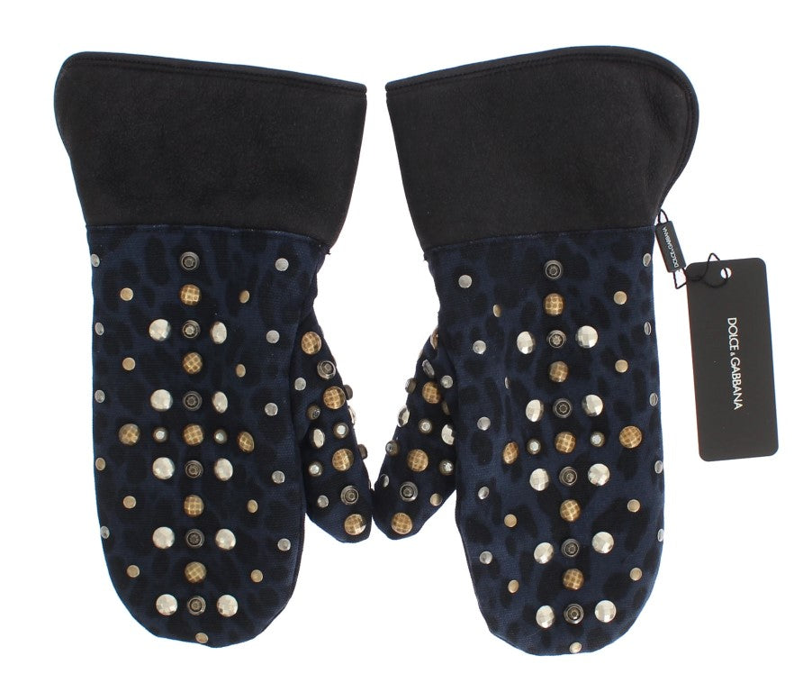 Dolce & Gabbana Gray Wool Shearling Studded Blue Leopard Gloves Dolce & Gabbana