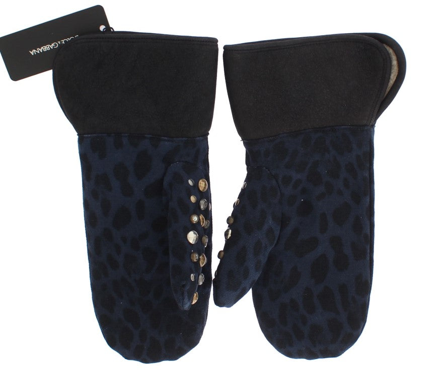 Dolce & Gabbana Gray Wool Shearling Studded Blue Leopard Gloves Dolce & Gabbana